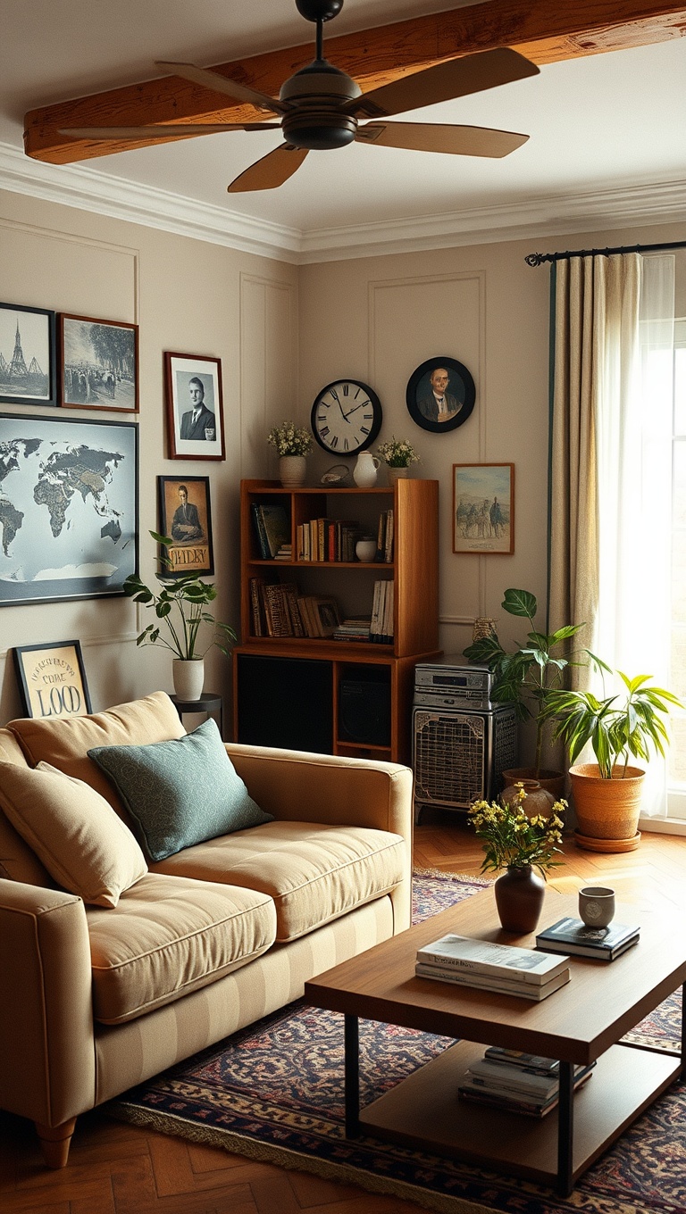 20 Charming Ideas to Create a Modern Vintage Living Room - 20. Personalize with Travel Souvenirs and Finds