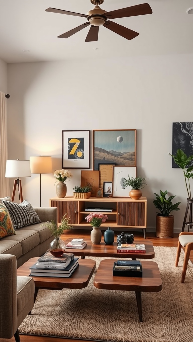 20 Charming Ideas to Create a Modern Vintage Living Room - 14. Use Eclectic Coffee Tables