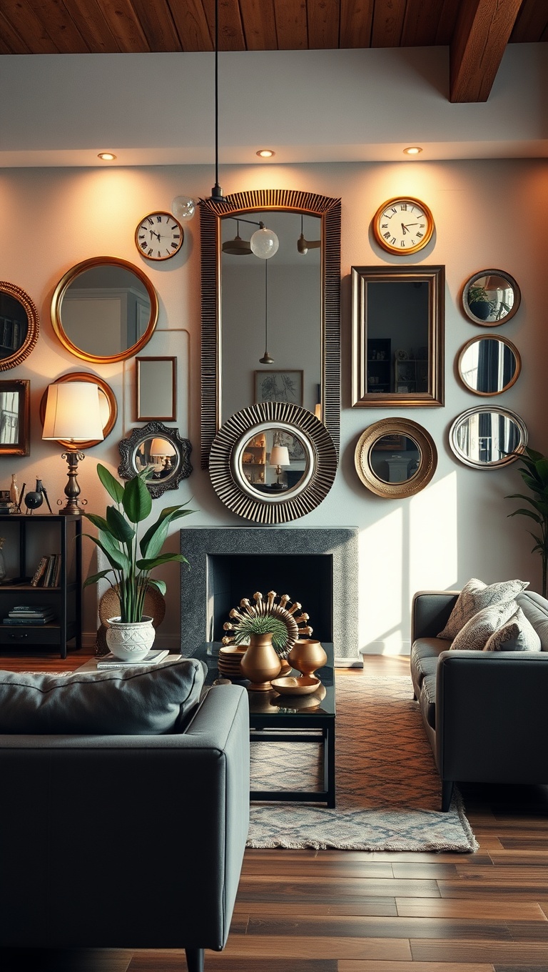 20 Charming Ideas to Create a Modern Vintage Living Room - 18. Integrate Retro Mirrors for Depth