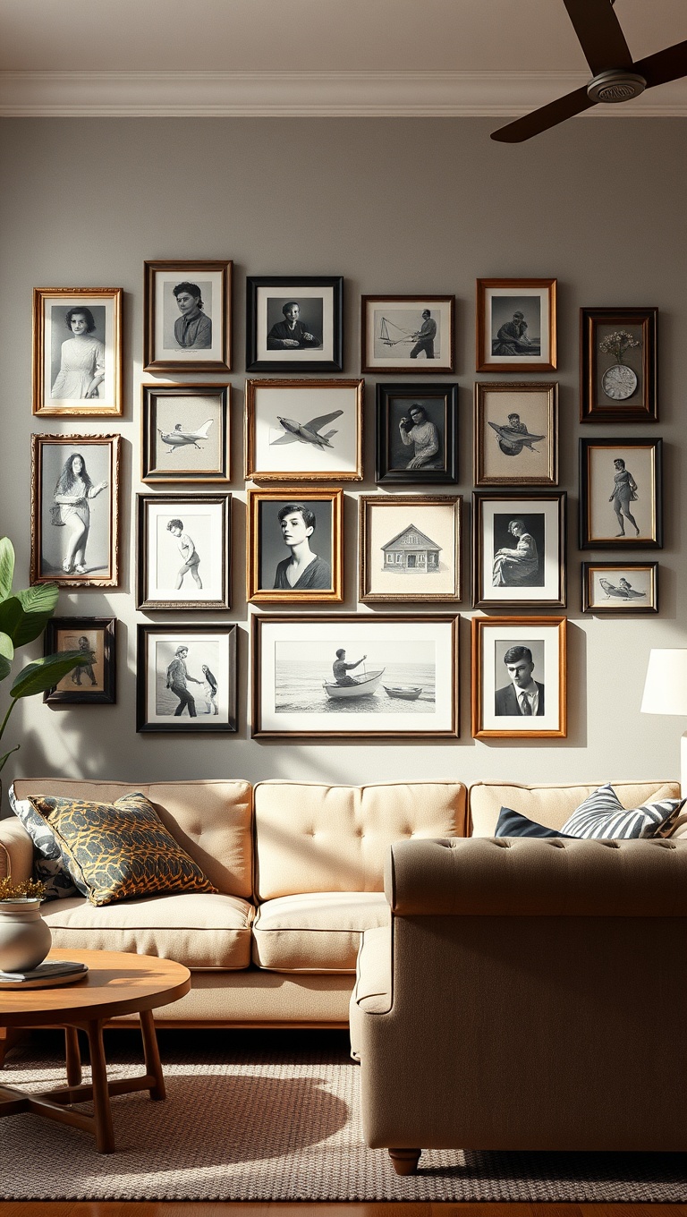 20 Charming Ideas to Create a Modern Vintage Living Room - 5. Create a Gallery Wall with Old Frames