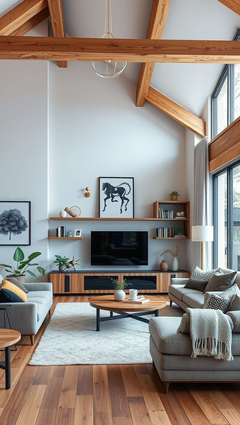 20 Gorgeous Ideas to Inspire Your Natural Wood Living Room - 1. Embrace Open Shelving with Wood Accents