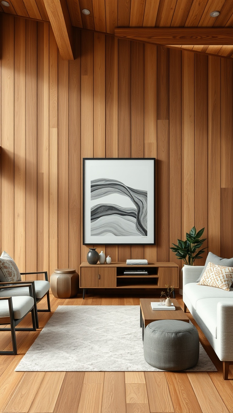 20 Gorgeous Ideas to Inspire Your Natural Wood Living Room - 10. Use Wood Paneling for a Warm Atmosphere