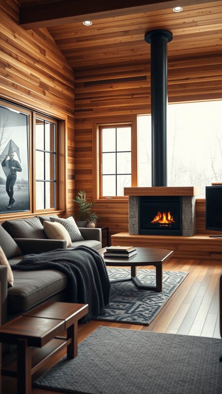 20 Gorgeous Ideas to Inspire Your Natural Wood Living Room - 19. Feature a Wood Burning Fireplace