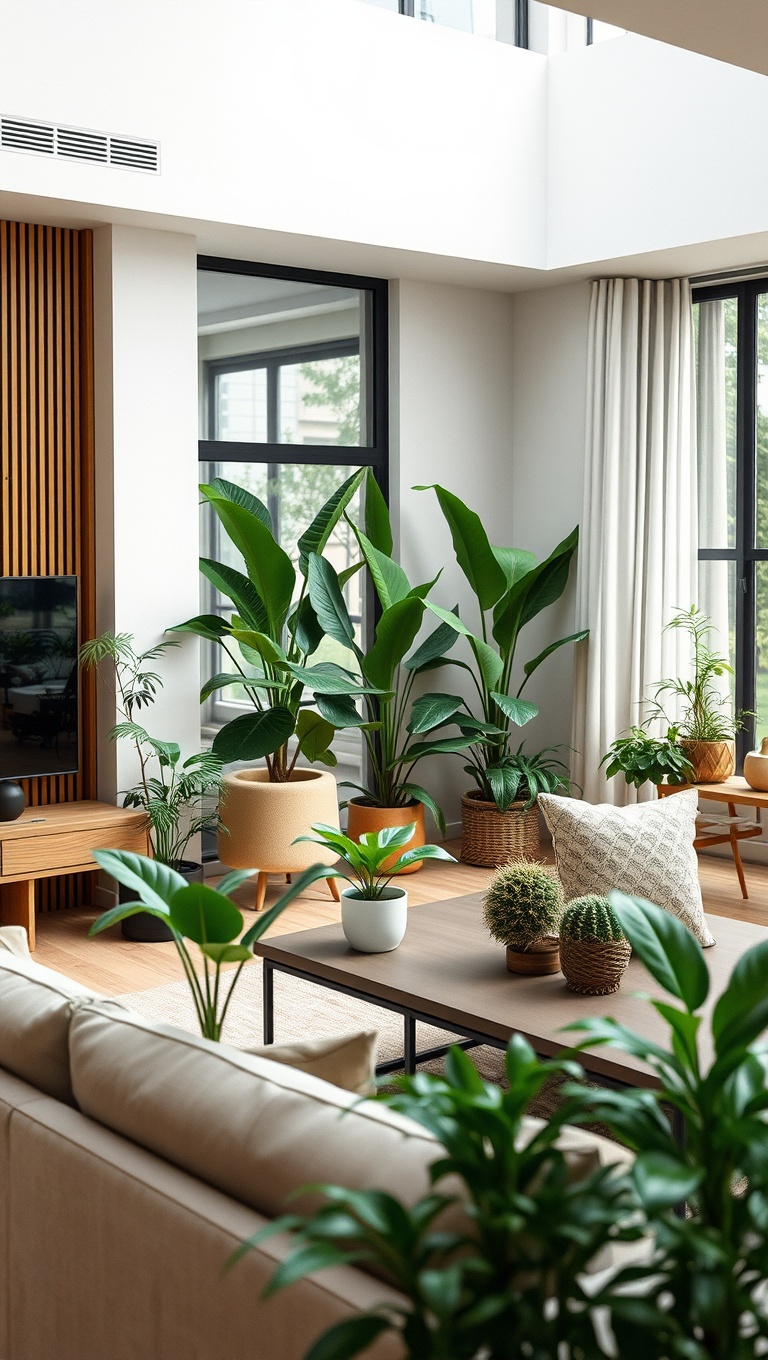 20 Inspiring Ideas for Your Open Concept Modern Living Room - 7. Add Greenery with Indoor Plants