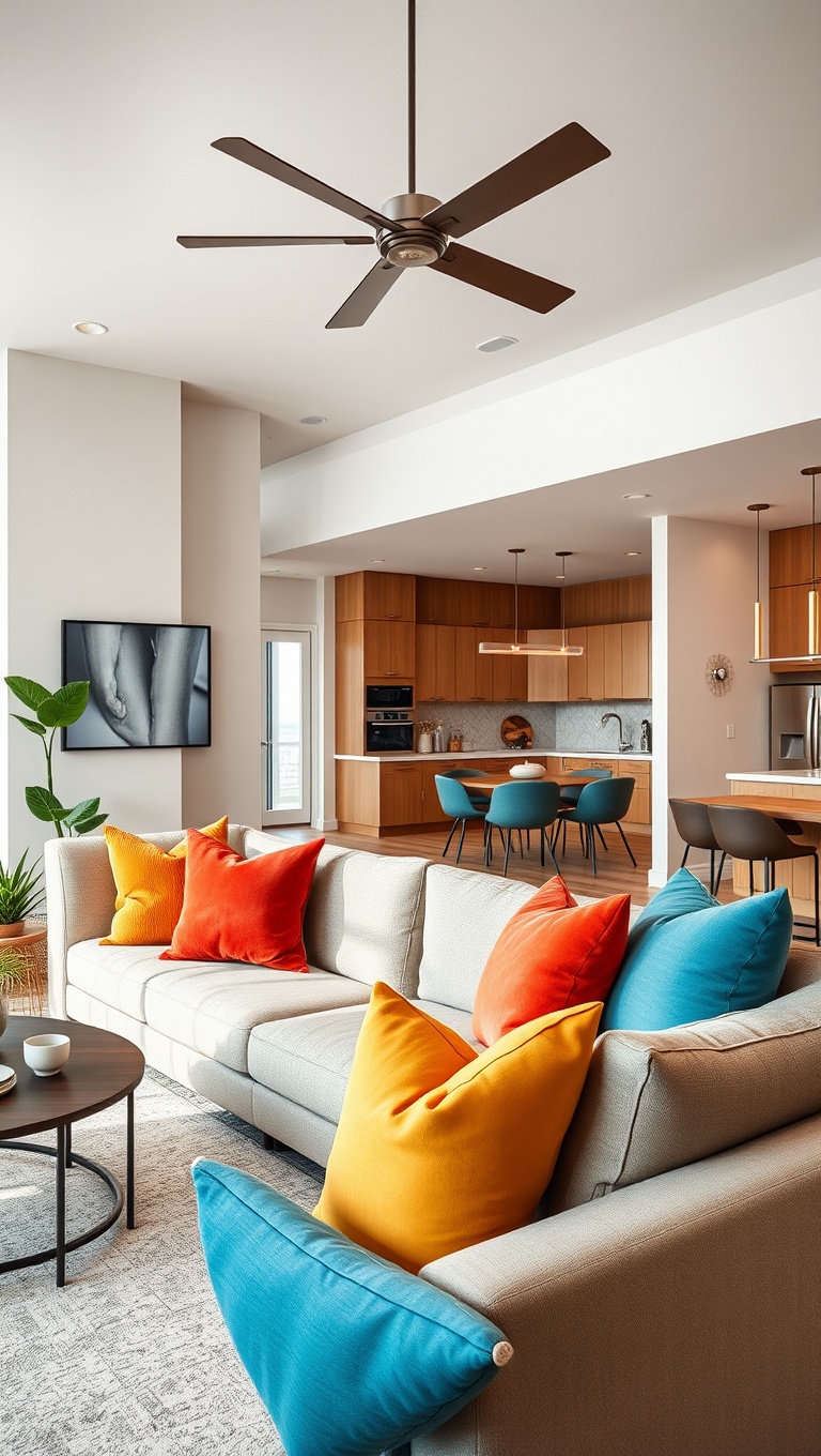 20 Inspiring Ideas for Your Open Concept Modern Living Room - 14. Add a Pop of Color with Pillows