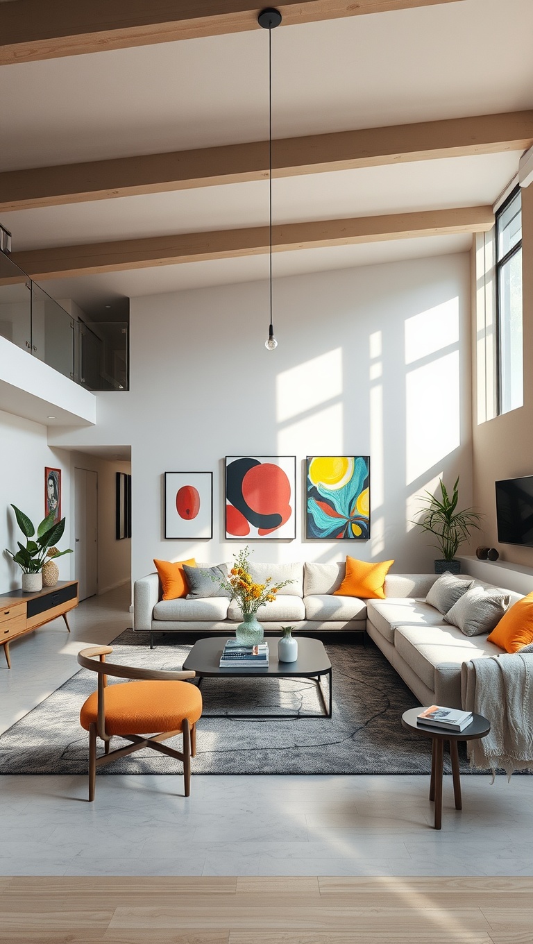 20 Inspiring Ideas for Your Open Concept Modern Living Room - 10. Use Colorful Art to Brighten the Space