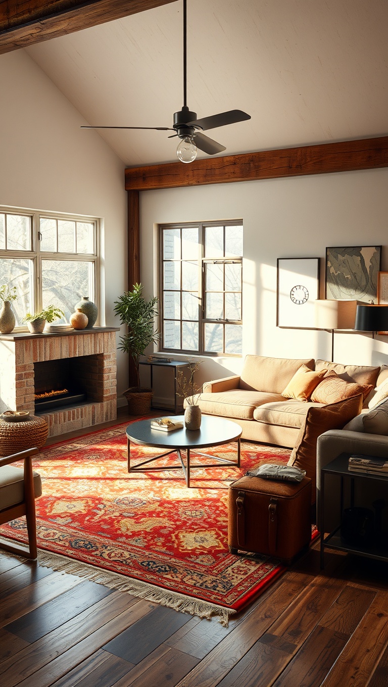 20 Gorgeous Ideas for a Rustic Modern Living Room - 4. Add a Statement Rug: Warmth Underfoot