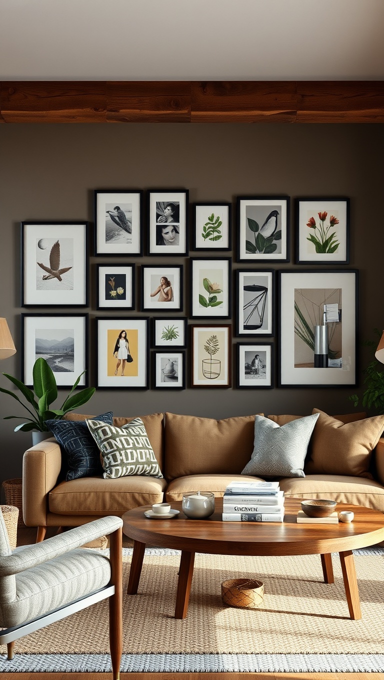 20 Gorgeous Ideas for a Rustic Modern Living Room - 15. Create a Gallery Wall: Showcase Your Personal Style