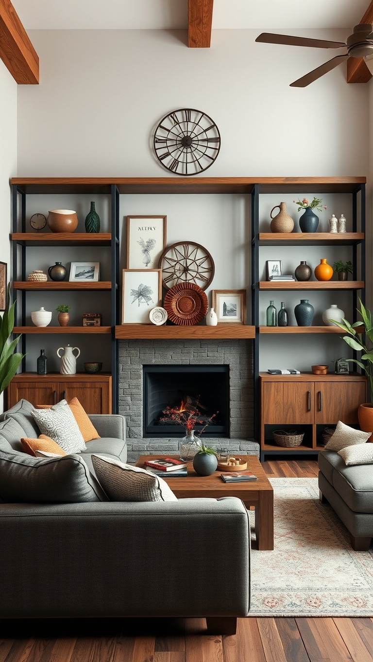 20 Gorgeous Ideas for a Rustic Modern Living Room - 12. Opt for Open Shelving: Display Your Favorite Decor