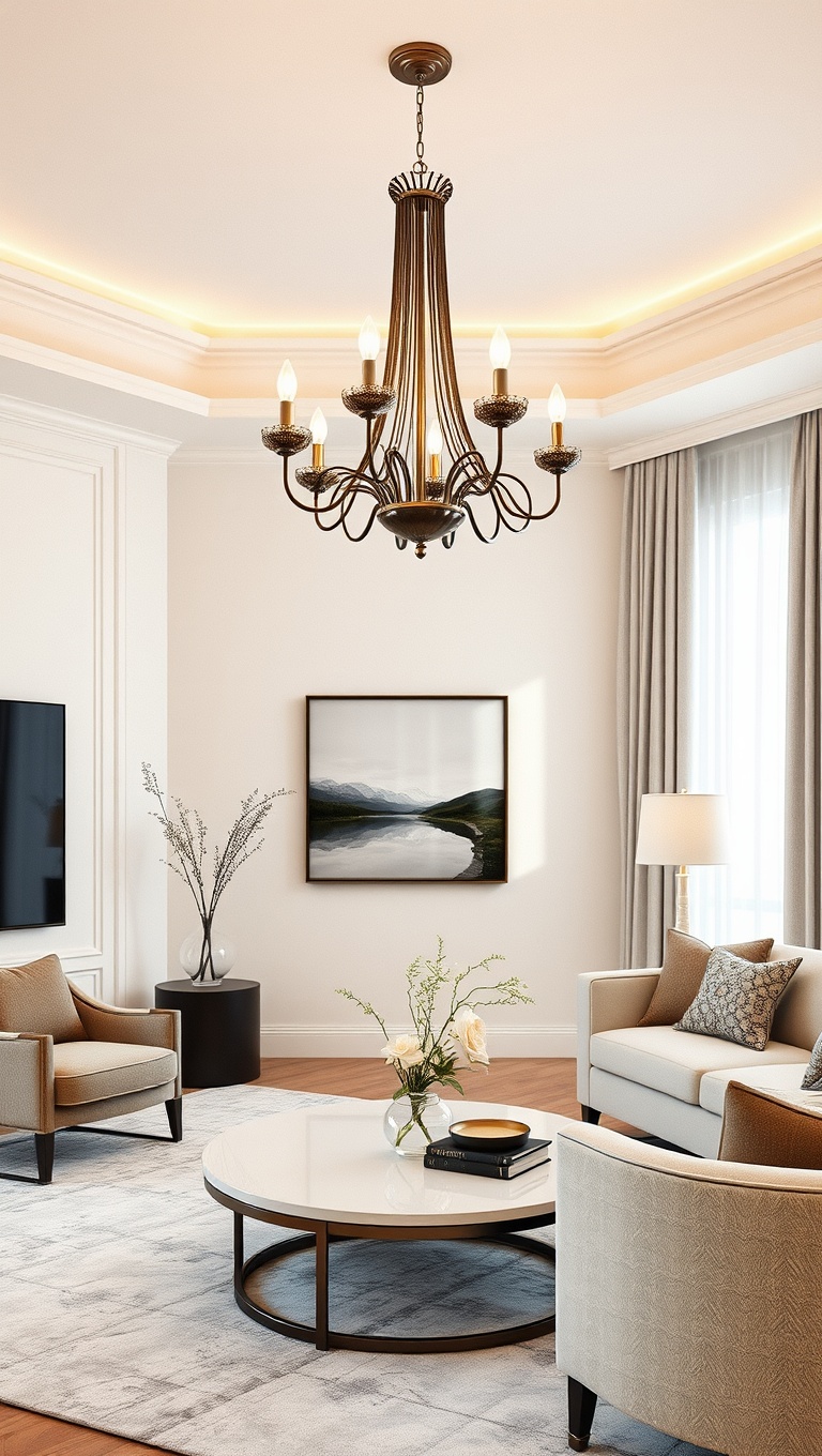 20 Chic Ideas to Elevate Your Neutral Living Room - 2. Statement Lighting: Elegant Chandeliers
