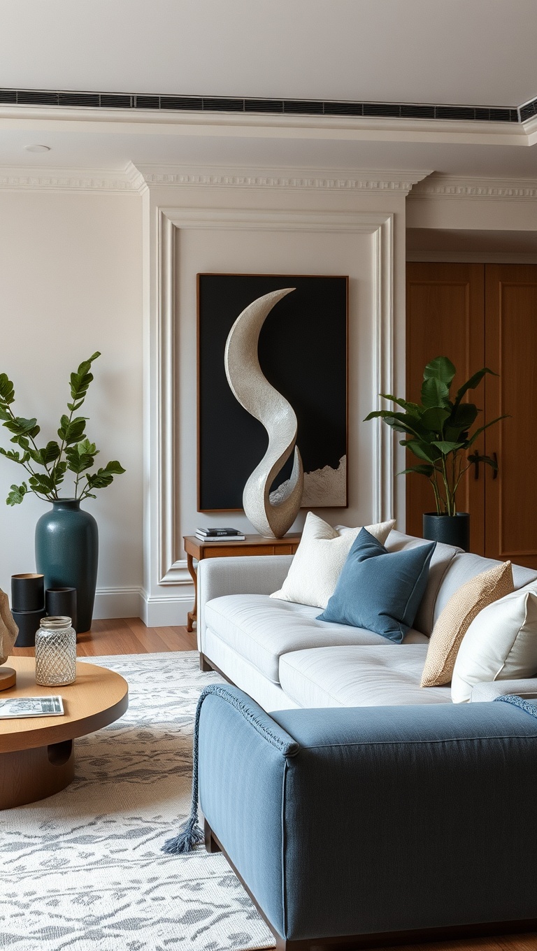 20 Chic Ideas to Elevate Your Neutral Living Room - 15. Artistic Touch: Sculptural Decor Pieces