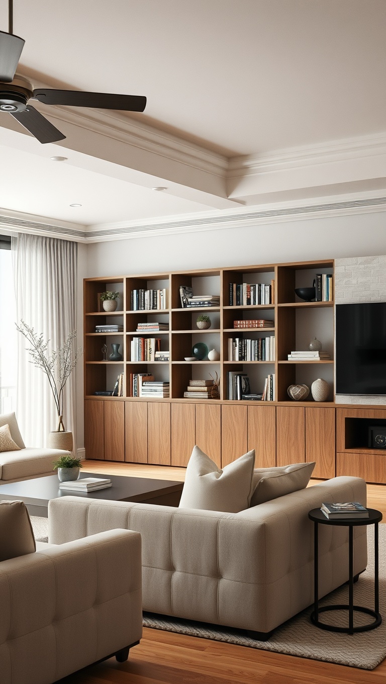 20 Chic Ideas to Elevate Your Neutral Living Room - 14. Functional Decor: Stylish Bookshelves