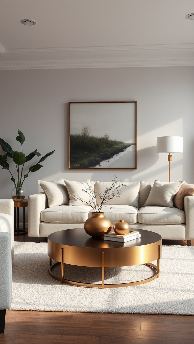 20 Chic Ideas to Elevate Your Neutral Living Room - 8. Accent Pieces: Metallics for a Touch of Glam