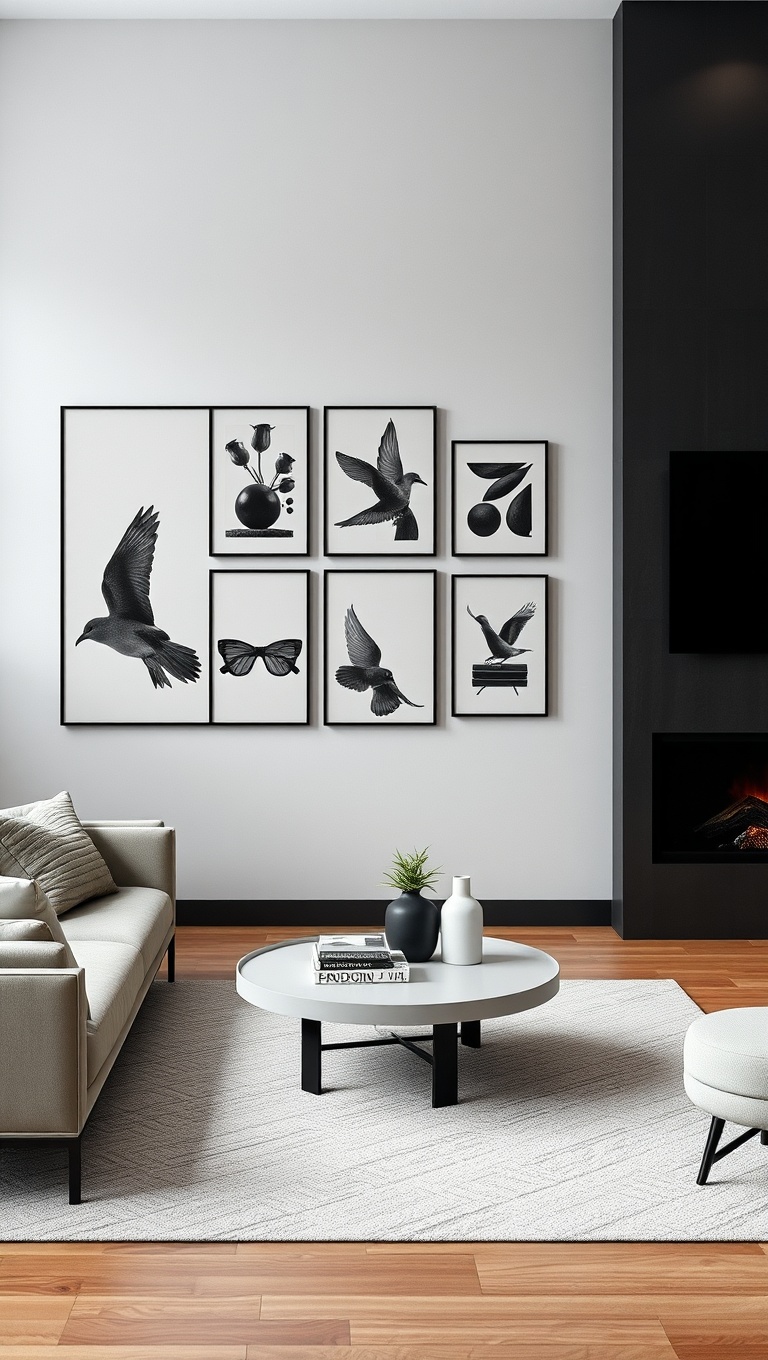 20 Chic Ideas to Elevate Your Neutral Living Room - 4. Artful Walls: Gallery of Black and White Prints