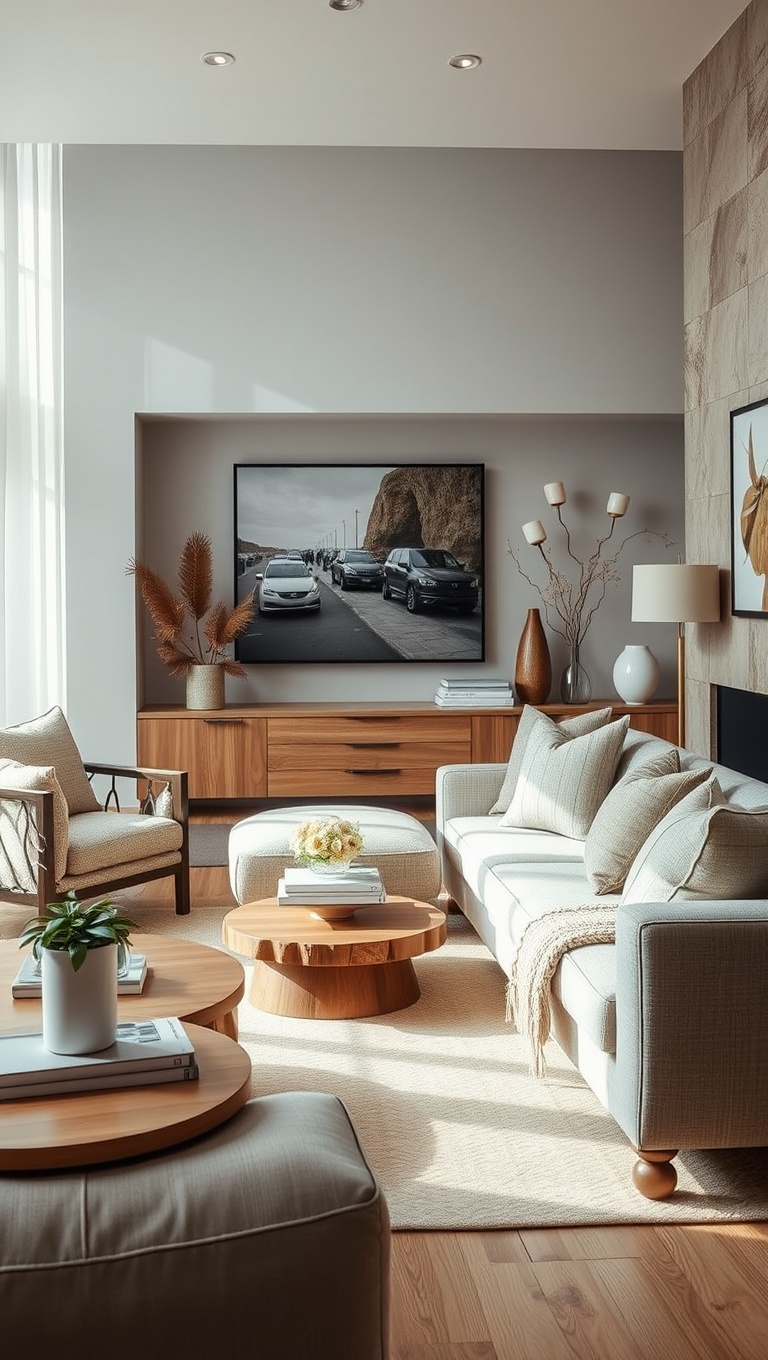 20 Chic Ideas to Elevate Your Neutral Living Room - 3. Earthy Accents: Wood Elements for Warmth