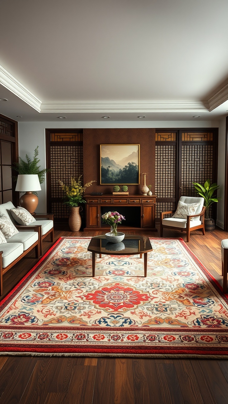 20 Inspiring Ideas for Your Traditional Asian-Inspired Living Room - 12. Asian-Inspired Rugs: Patterns that Pop!