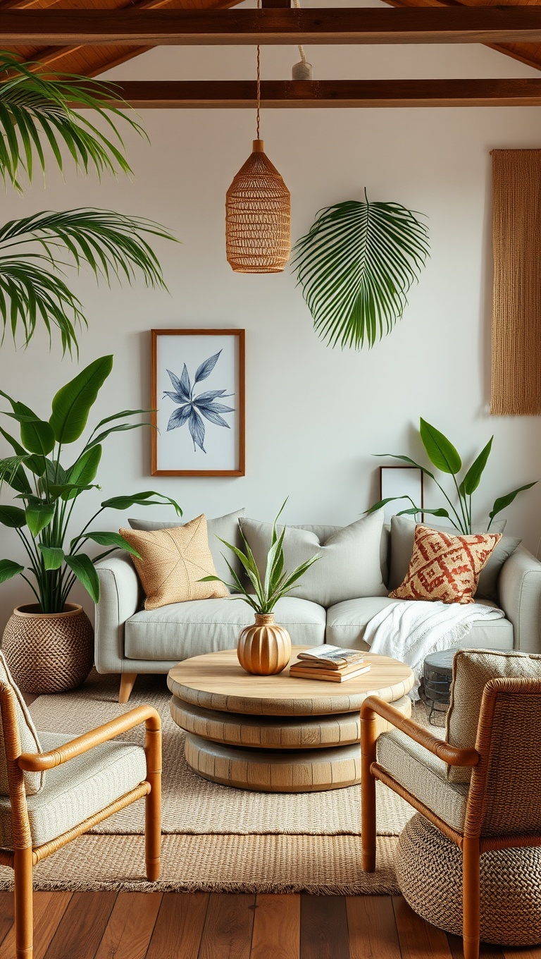 20 Tropical Bohemian Living Room Ideas to Brighten Your Space - 12. Use Natural Materials like Bamboo and Jute