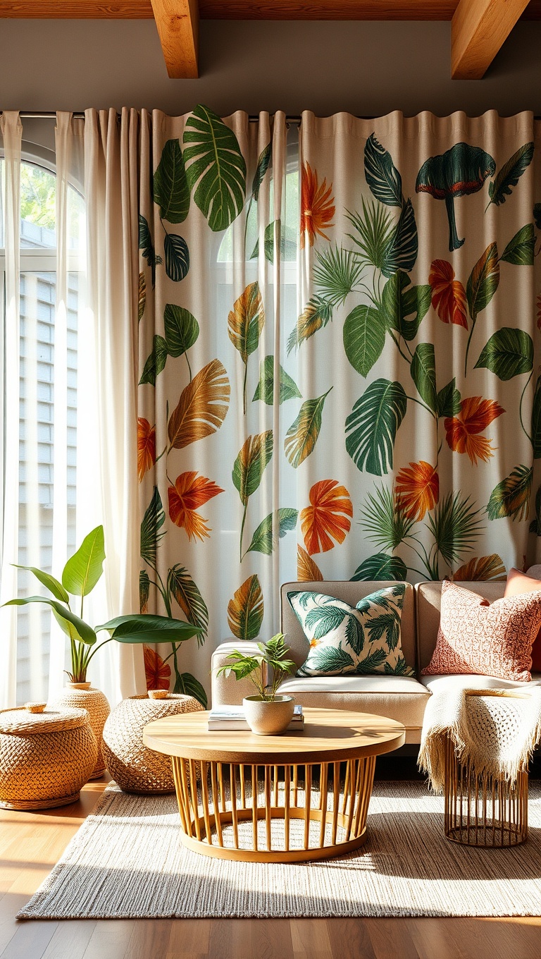 20 Tropical Bohemian Living Room Ideas to Brighten Your Space - 7. Opt for a Breezy, Flowing Curtain