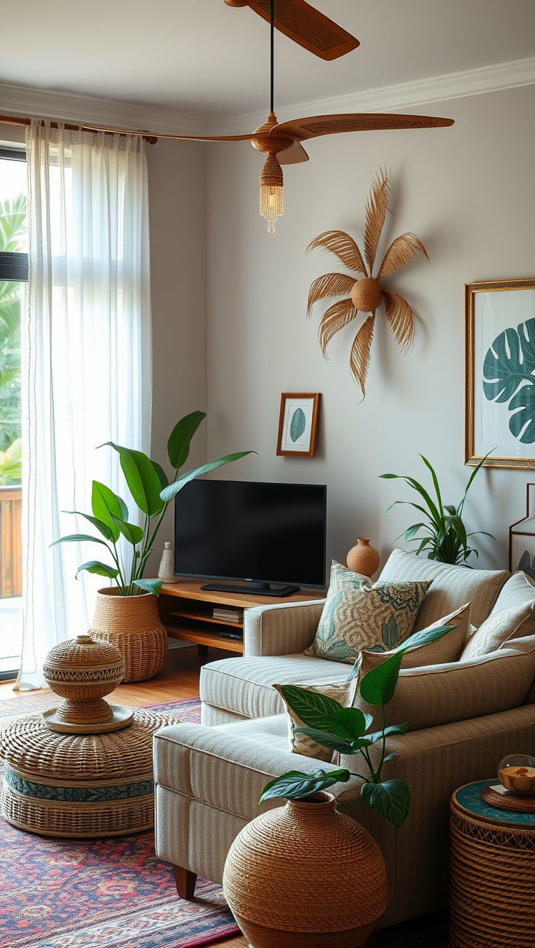 20 Tropical Bohemian Living Room Ideas to Brighten Your Space - 10. Showcase Vintage Finds and Travel Souvenirs