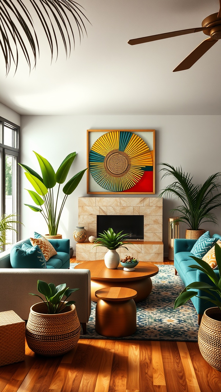 20 Tropical Bohemian Living Room Ideas to Brighten Your Space - 15. Incorporate Geometric Shapes in Decor