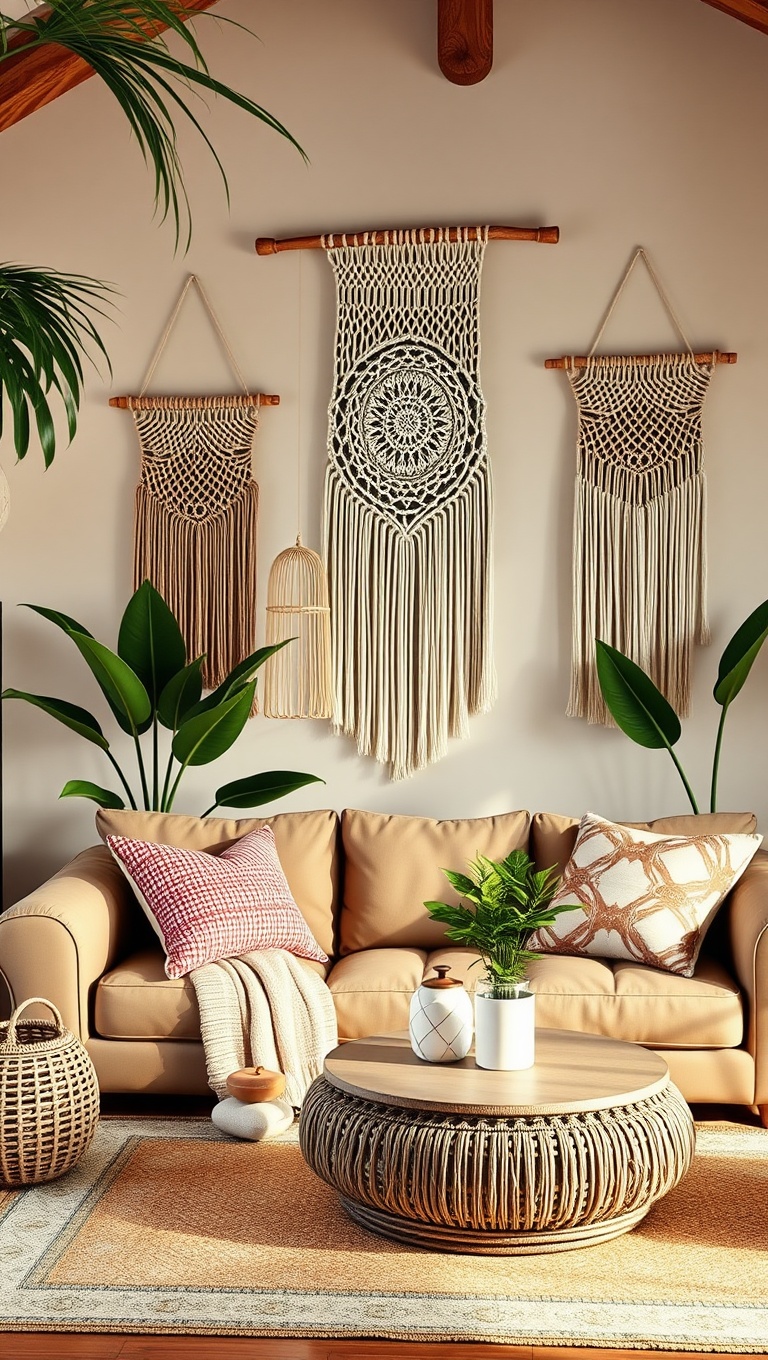 20 Tropical Bohemian Living Room Ideas to Brighten Your Space - 5. Incorporate Macrame Wall Hangings
