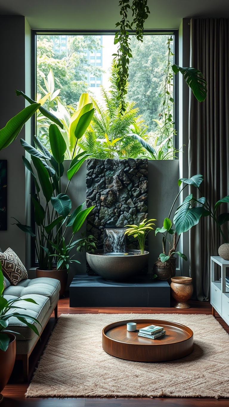 20 Lush Ideas for Creating Your Urban Jungle Living Room - Add a Water Feature for Calmness