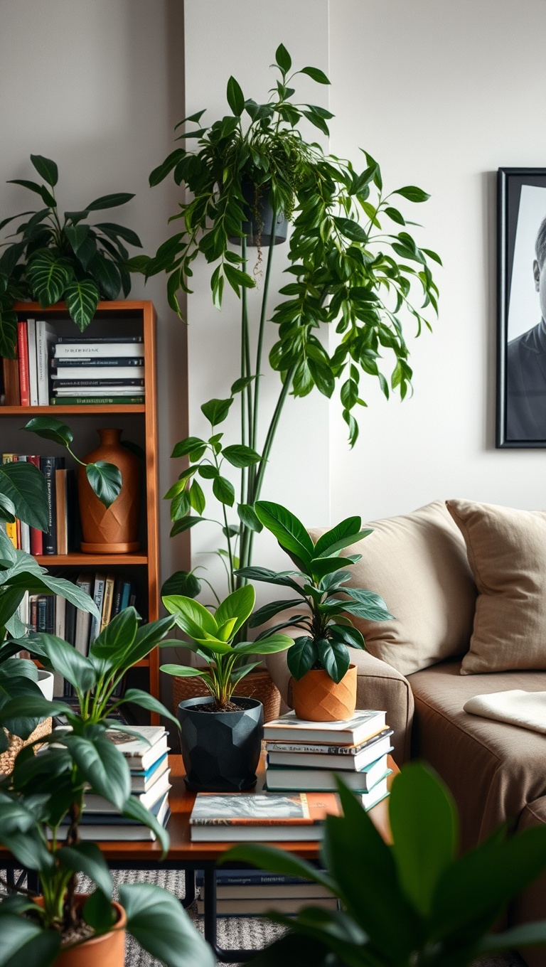 20 Lush Ideas for Creating Your Urban Jungle Living Room - Layer Plants with Books and Decor