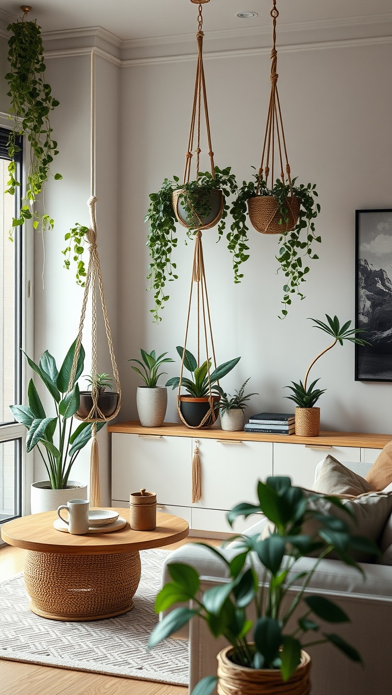 20 Lush Ideas for Creating Your Urban Jungle Living Room - Use Macrame Plant Hangers for a Boho Look