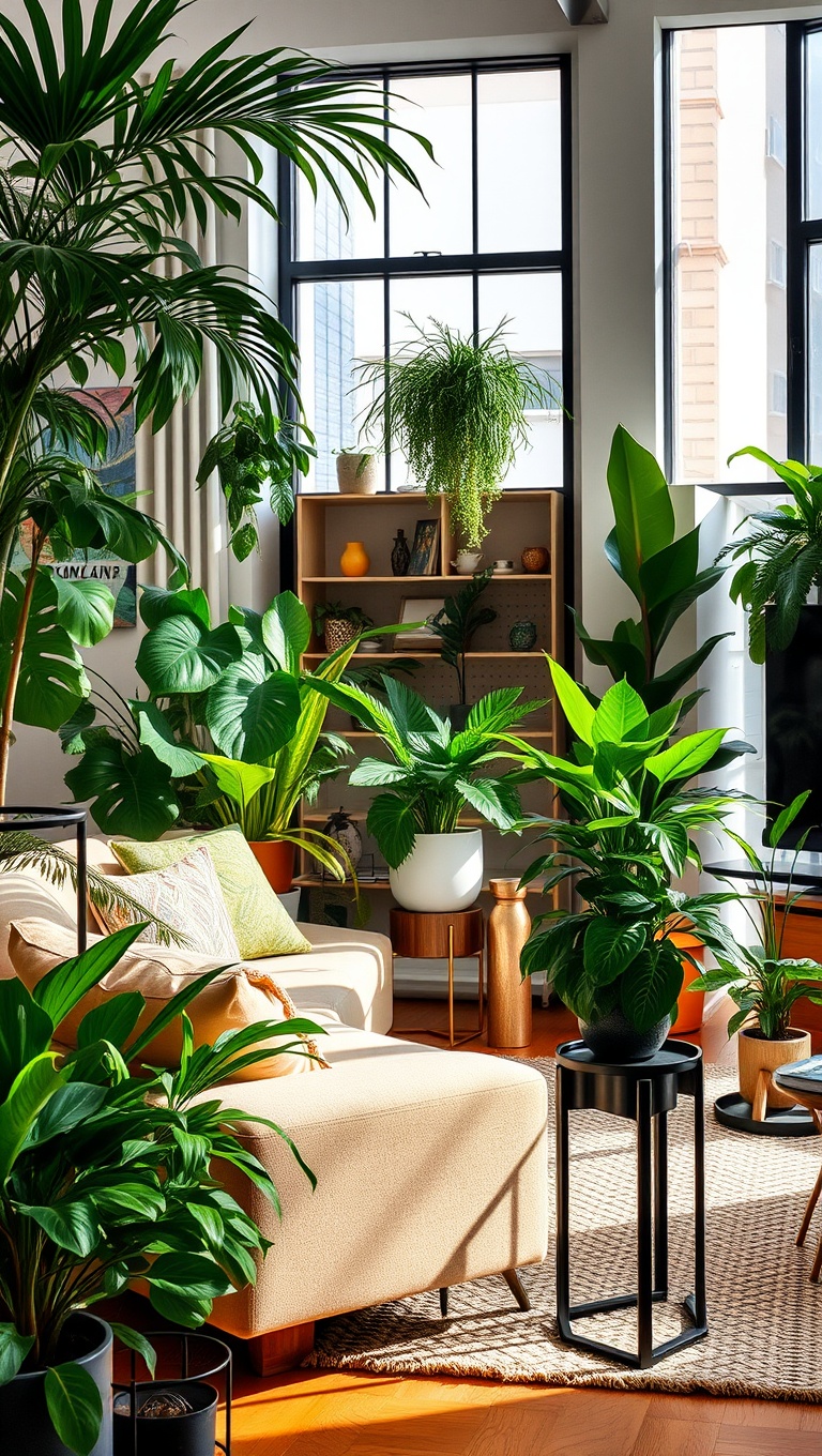 20 Lush Ideas for Creating Your Urban Jungle Living Room - Use Plant Stands for Extra Height
