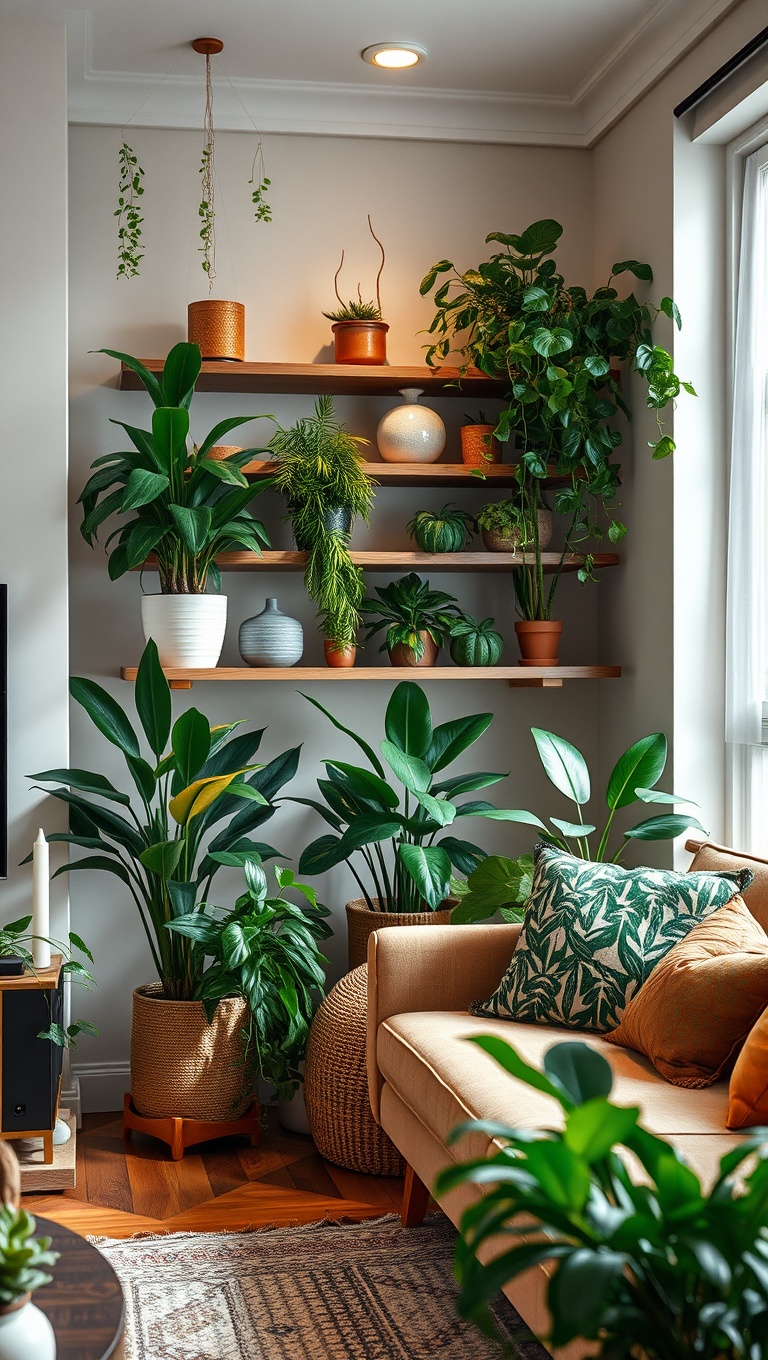 20 Lush Ideas for Creating Your Urban Jungle Living Room - Create a Plant Corner with Shelves