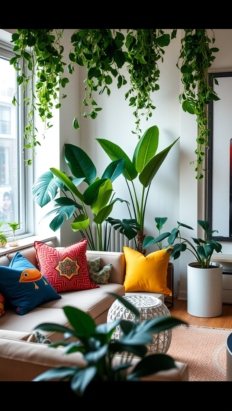 20 Lush Ideas for Creating Your Urban Jungle Living Room - Pair Plants with Colorful Throw Pillows