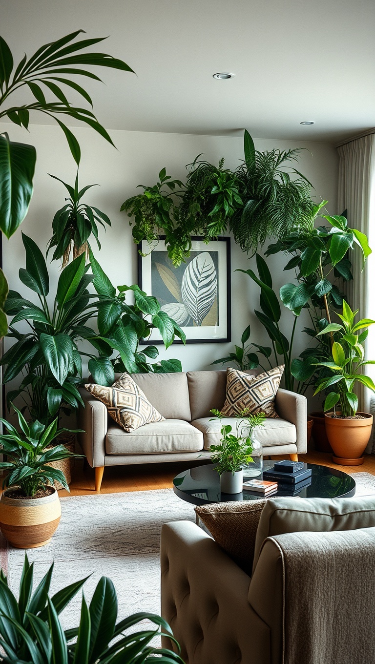 20 Lush Ideas for Creating Your Urban Jungle Living Room - Mix and Match Plant Sizes for Depth