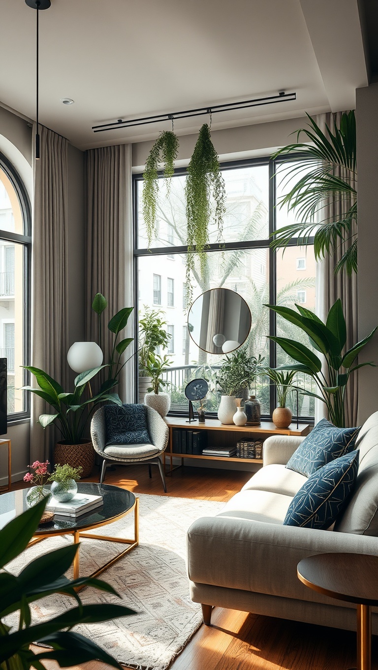 20 Lush Ideas for Creating Your Urban Jungle Living Room - Incorporate Natural Light with Mirrors