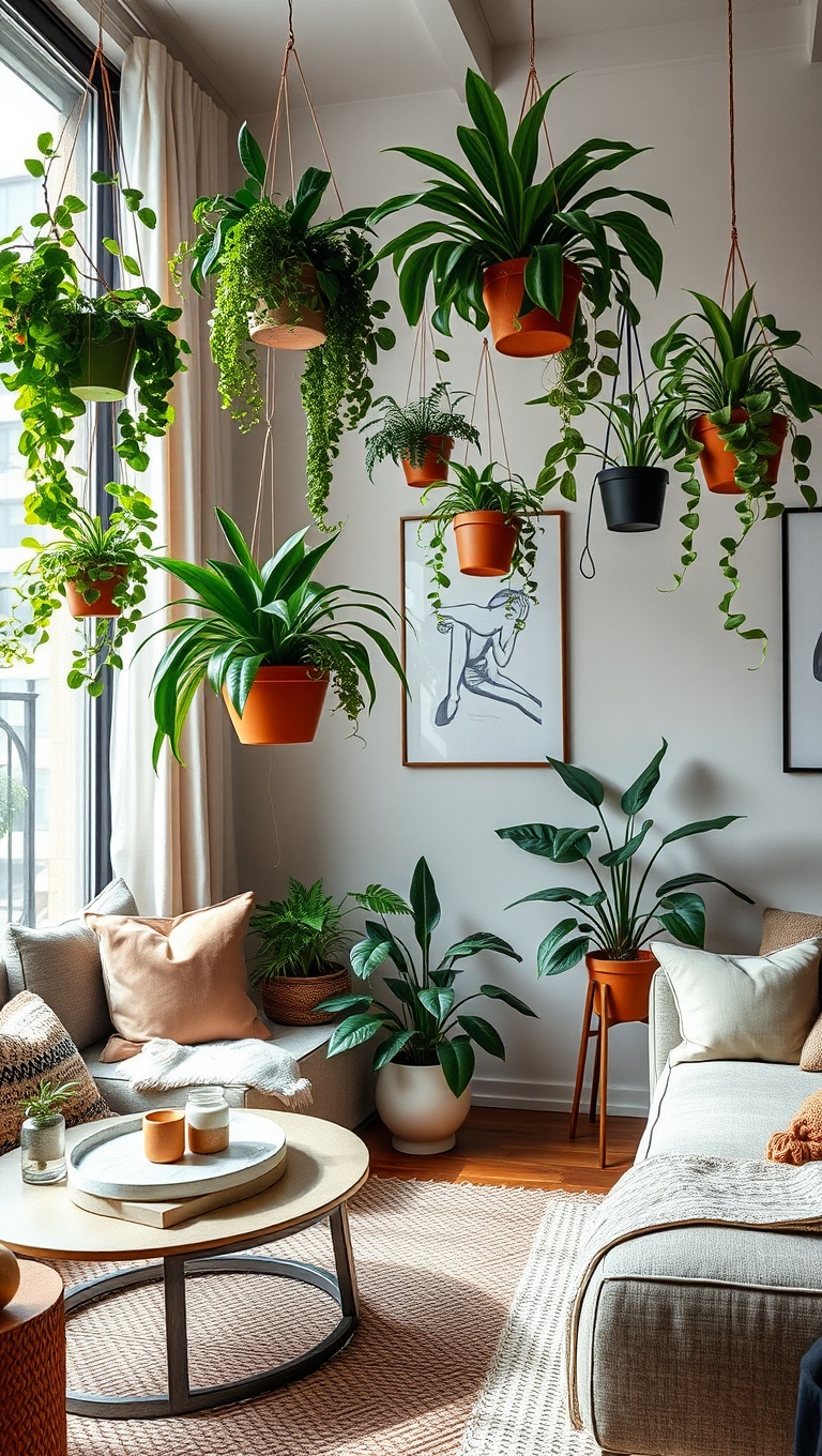 20 Lush Ideas for Creating Your Urban Jungle Living Room - Use Hanging Planters for Vertical Space