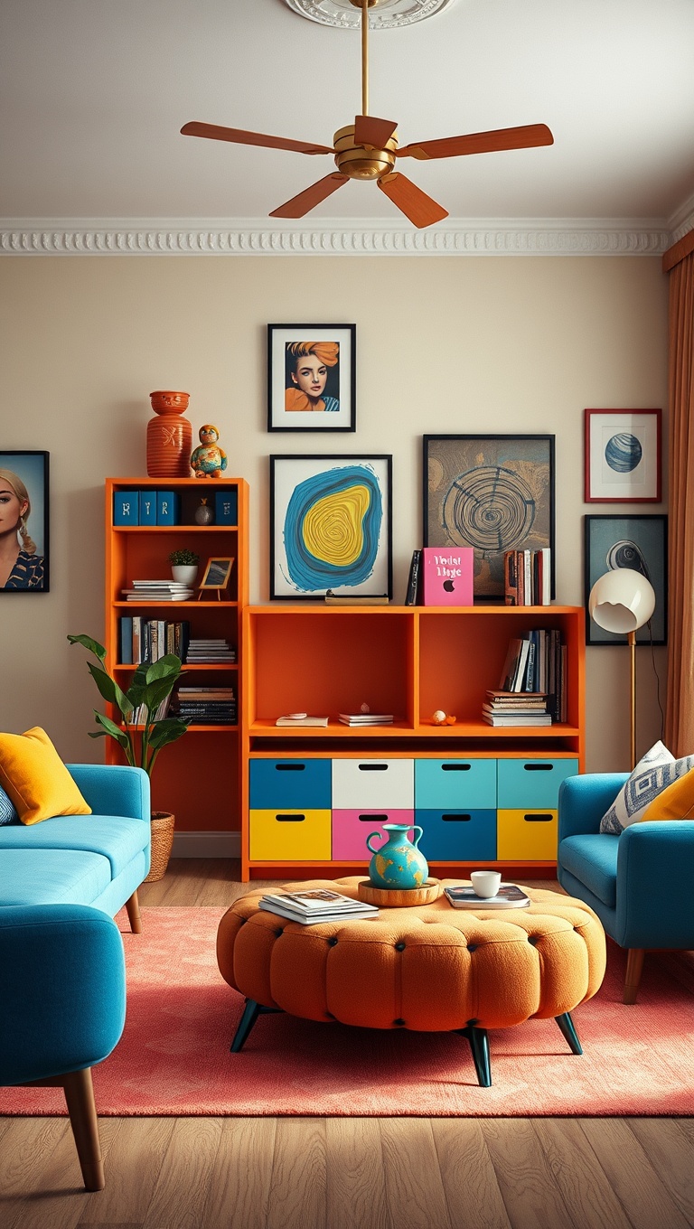 20 Colorful Ideas to Transform Your Living Room with Pop Art - 8. Creative Storage: Functional and Fun