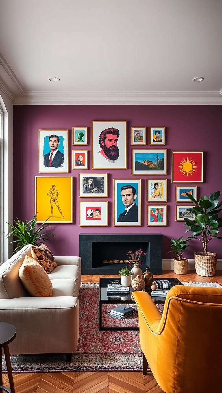 20 Colorful Ideas to Transform Your Living Room with Pop Art - 7. Gallery Wall: Create Your Own Museum
