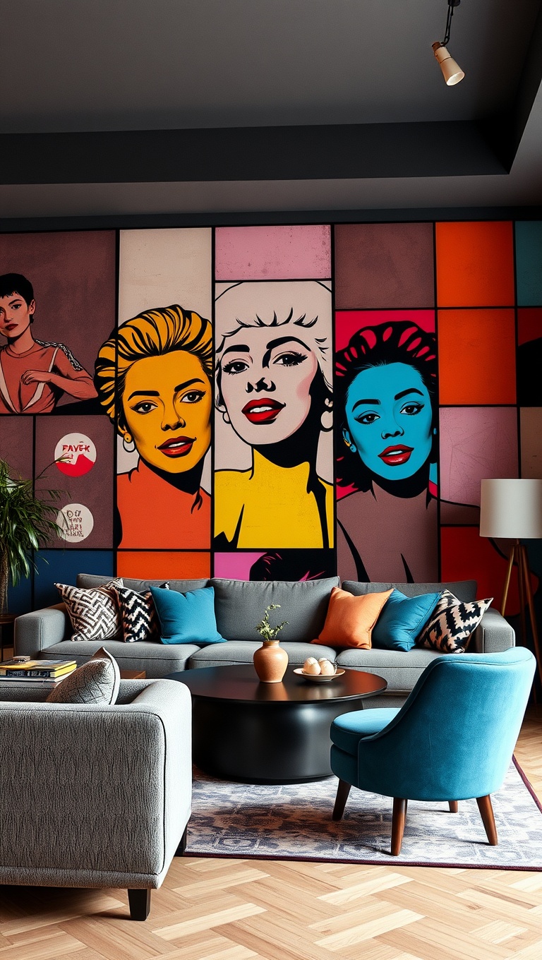 20 Colorful Ideas to Transform Your Living Room with Pop Art - 17. Pop Art Murals: Make a Grand Statement