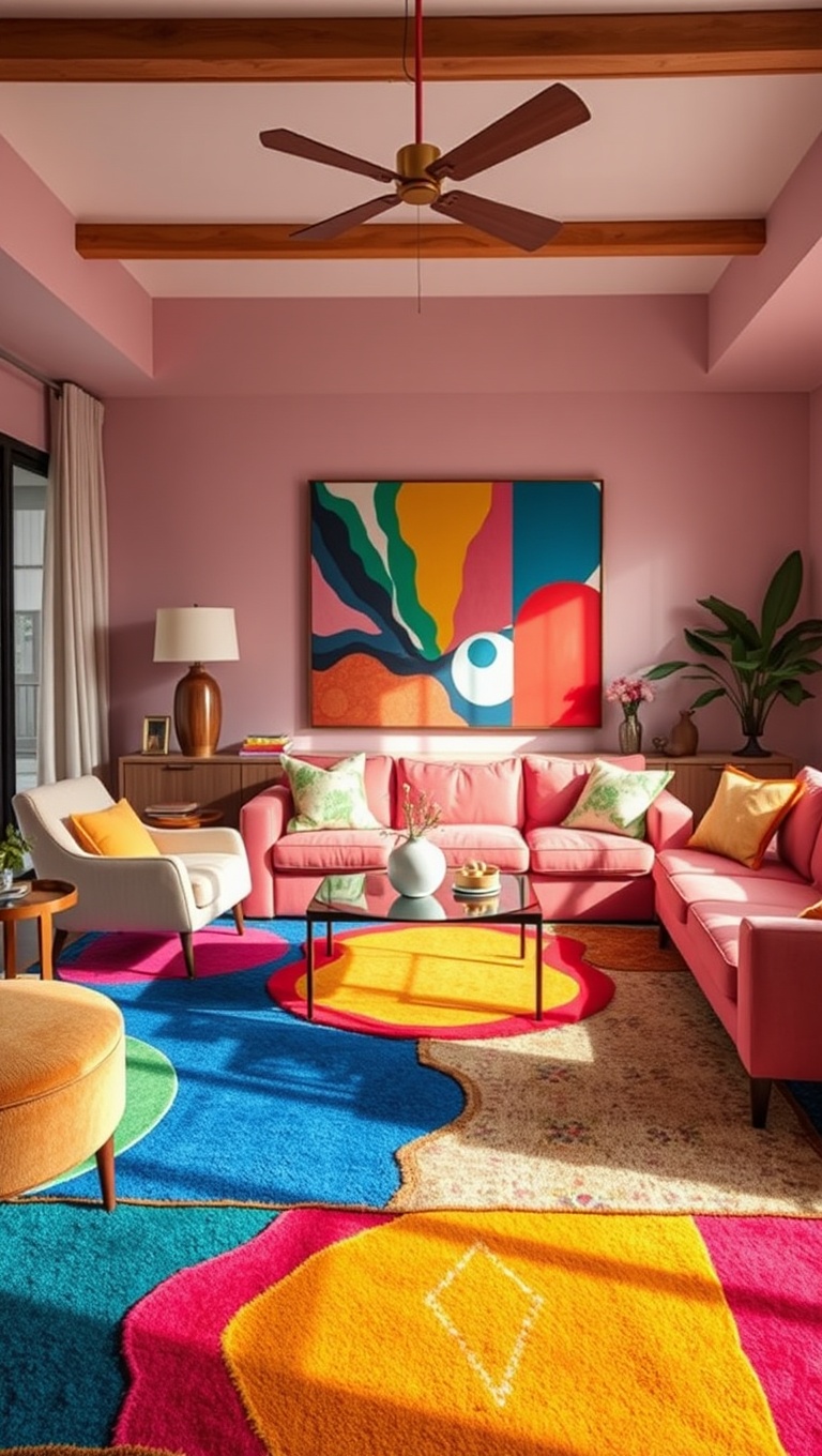 20 Colorful Ideas to Transform Your Living Room with Pop Art - 3. Statement Rugs: A Colorful Foundation