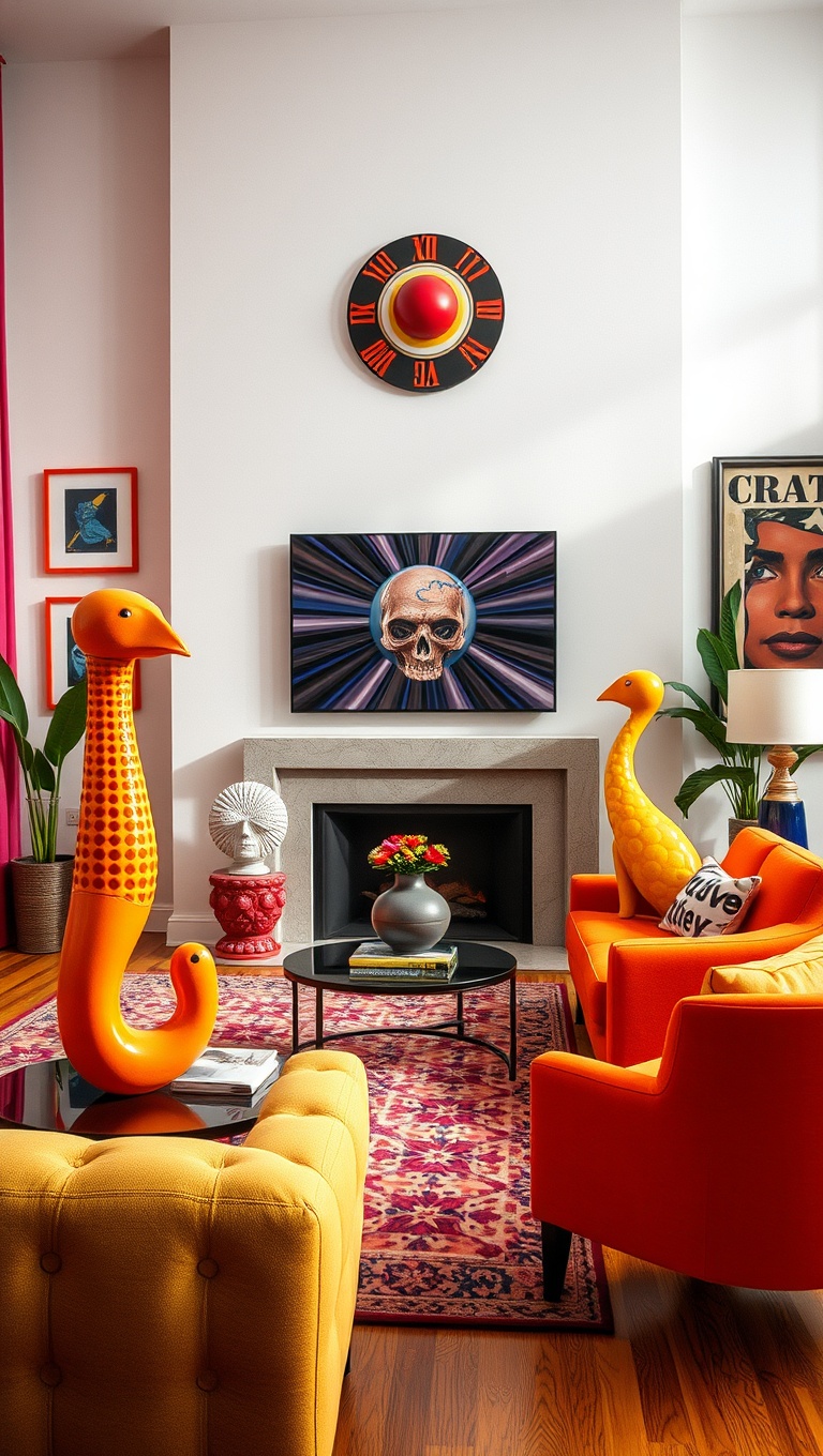 20 Colorful Ideas to Transform Your Living Room with Pop Art - 12. Eye-Catching Sculptures: 3D Art Action!