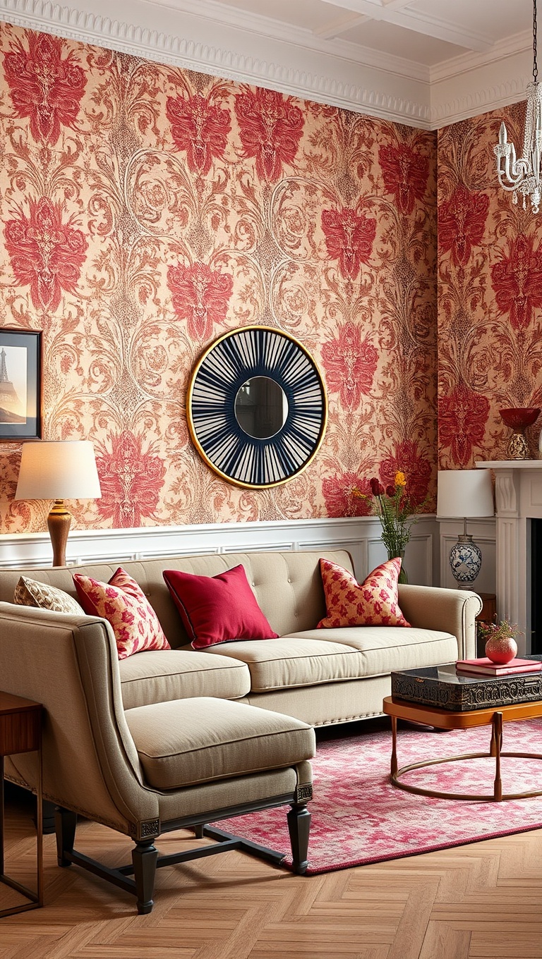 20 Sparkling Ideas to Create Your Vintage Glam Living Room - 5. Bold Wallpapers: Make a Statement