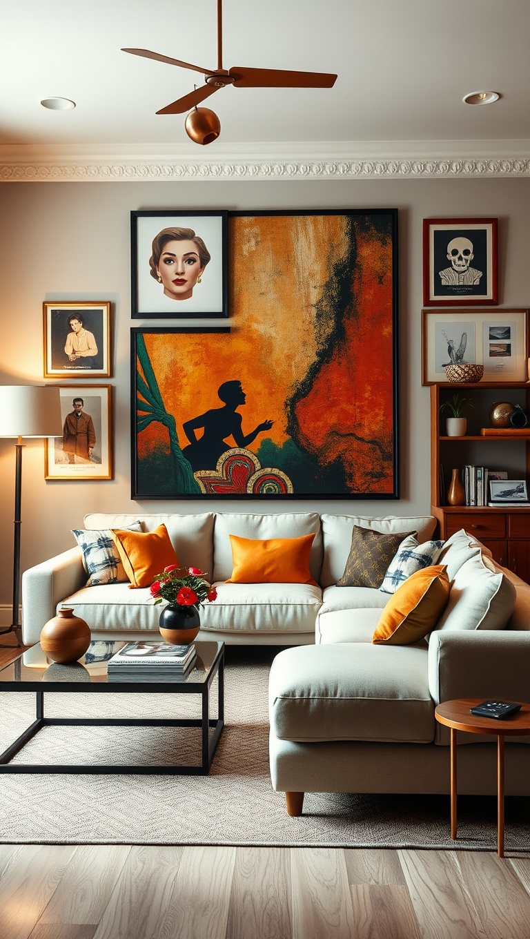 20 Charming Ideas for a Vintage Inspired Eclectic Living Room - 10. Statement Art Pieces: Bold & Beautiful