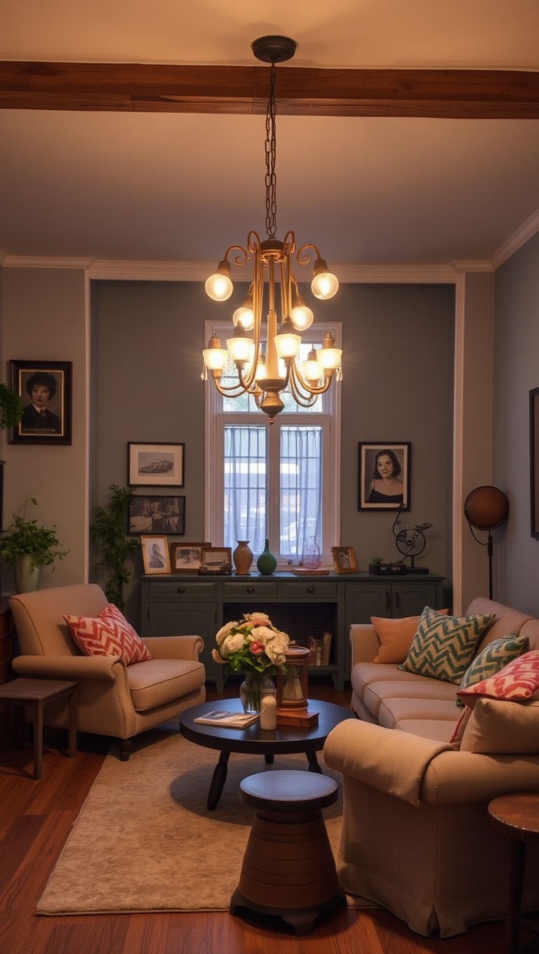 20 Charming Ideas for a Vintage Inspired Eclectic Living Room - 8. Quirky Lighting: Chandeliers & Fairy Lights
