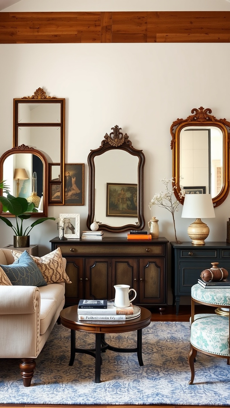 20 Charming Ideas for a Vintage Inspired Eclectic Living Room - 11. Vintage Mirrors: Reflect Your Style