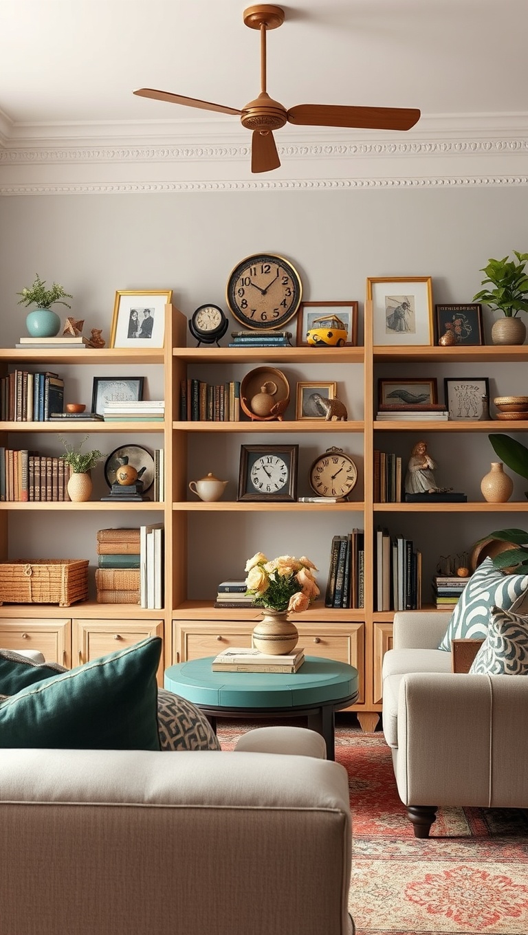 20 Charming Ideas for a Vintage Inspired Eclectic Living Room - 13. Styled Shelves: Curate Your Collections