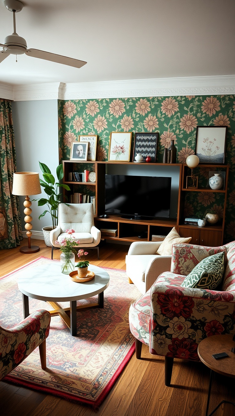 20 Charming Ideas for a Vintage Inspired Eclectic Living Room - 9. Retro Patterns: Floral and Geometric