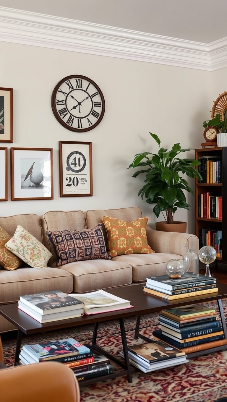 20 Charming Ideas for a Vintage Inspired Eclectic Living Room - 16. Eclectic Accessories: Books, Magazines & More