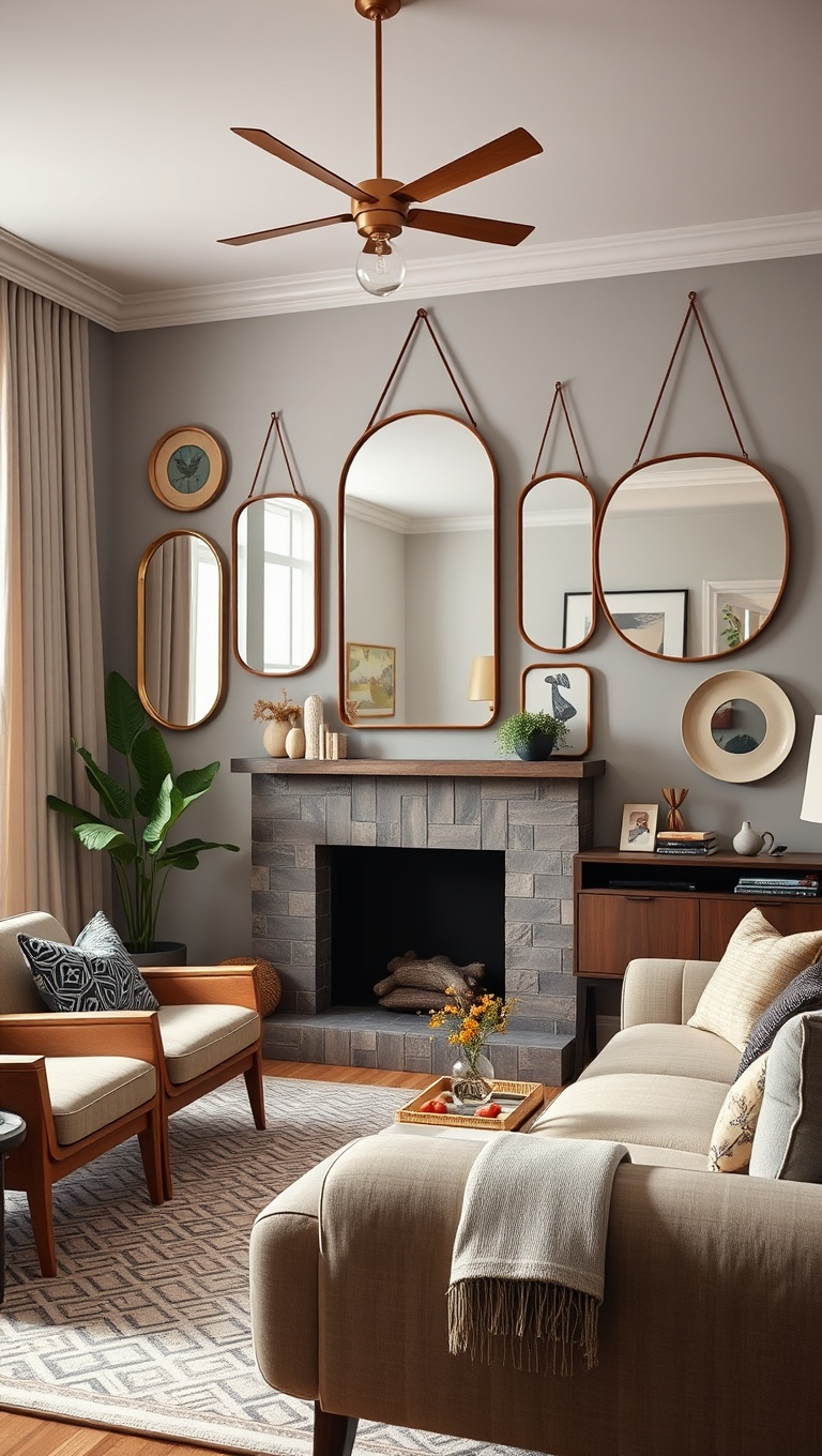 20 Fabulous Ideas to Style Your Vintage Mid-Century Modern Living Room - 18. Hang Statement Mirrors for Light and Space
