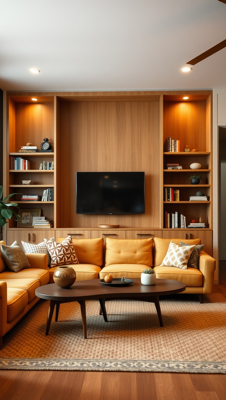 20 Fabulous Ideas to Style Your Vintage Mid-Century Modern Living Room - 15. Incorporate Built-in Shelving for Display