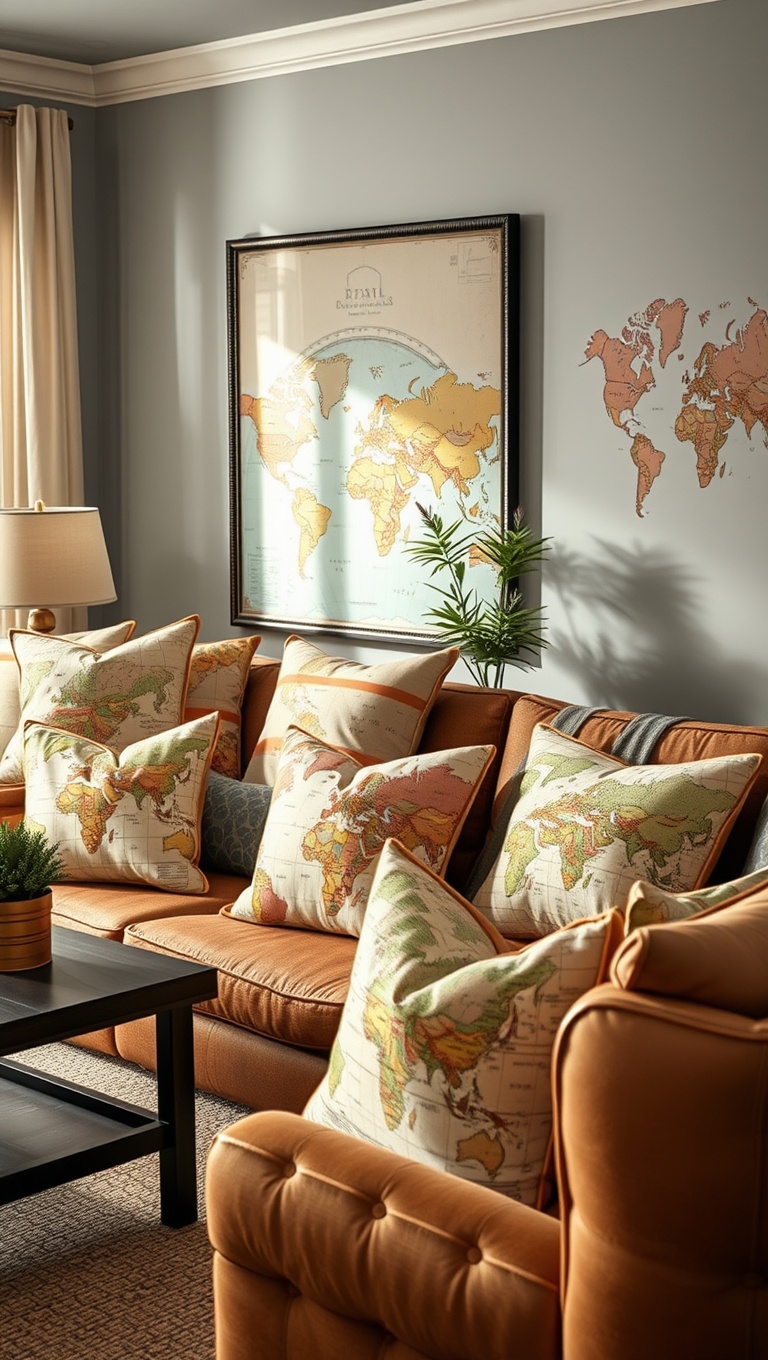 20 Enchanting Ideas for a Vintage Travel Themed Living Room - 9. Map-themed Throw Pillows