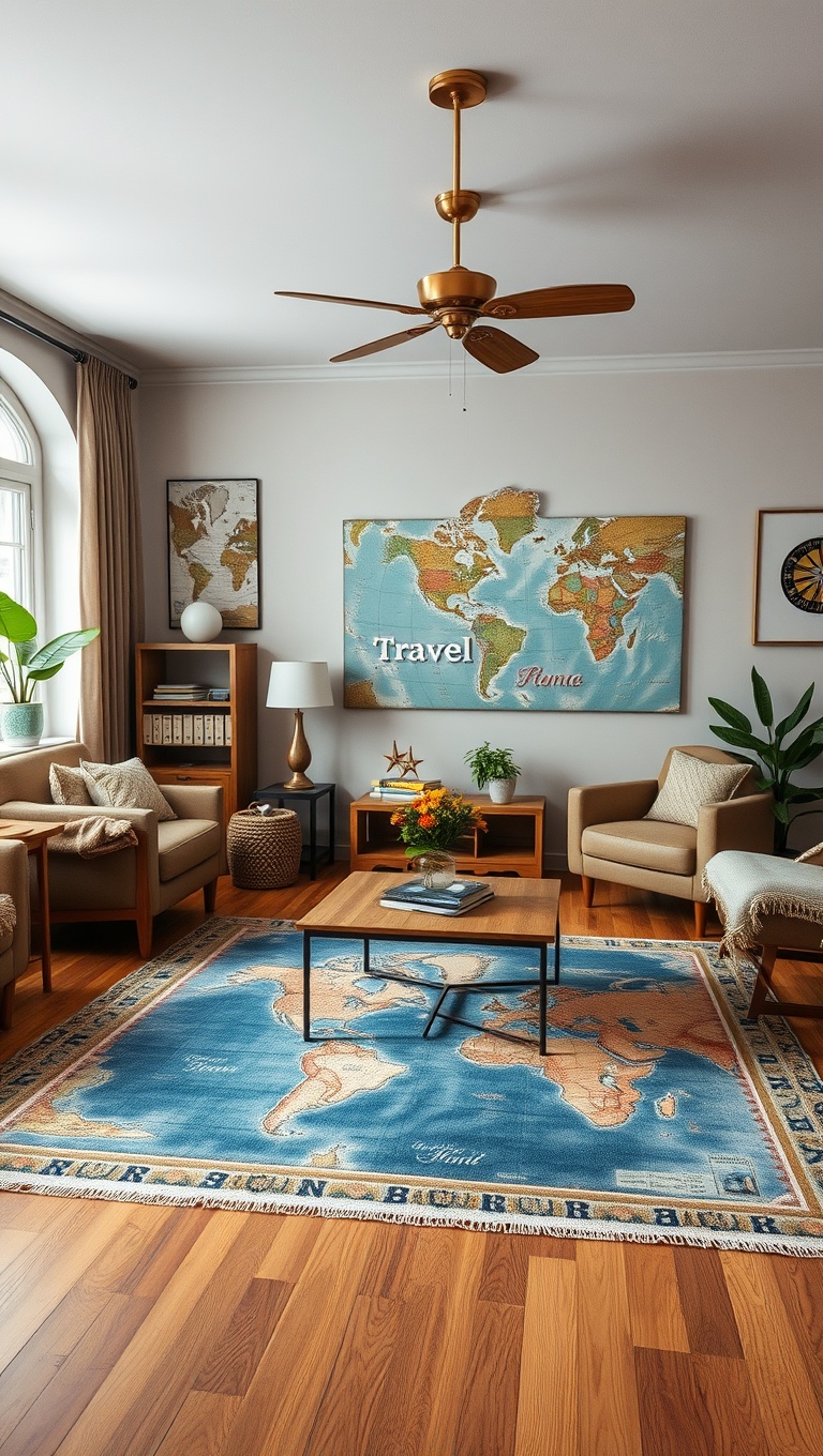 20 Enchanting Ideas for a Vintage Travel Themed Living Room - 12. Travel-themed Area Rugs